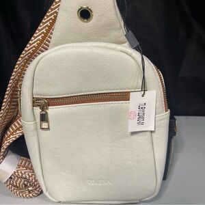 Telena Sling Bag/Cross Body Small Zip Close Beige/w Brown , Gold Hardware NWT